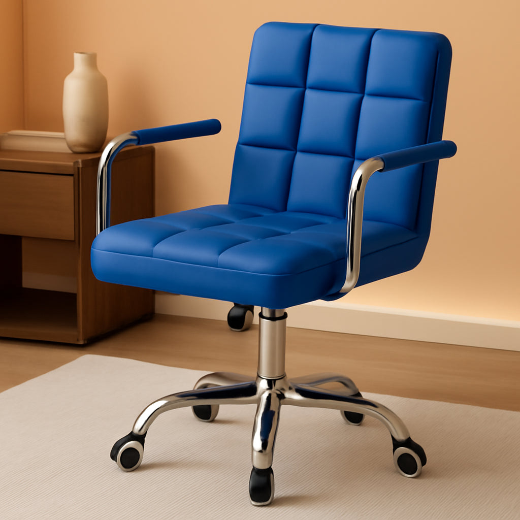 Blue PU Leather Mid Back Office Chair With Wheels Modern