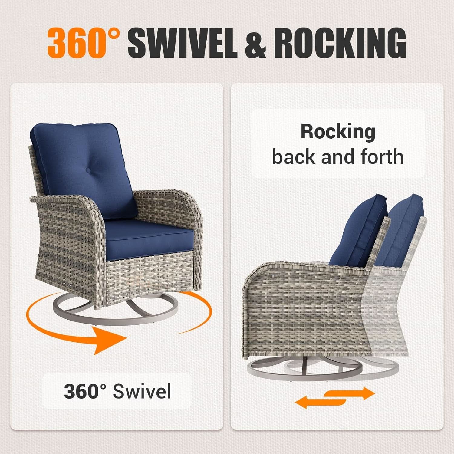 Blue Patio Rocking Swivel Chair Set With Glass Table