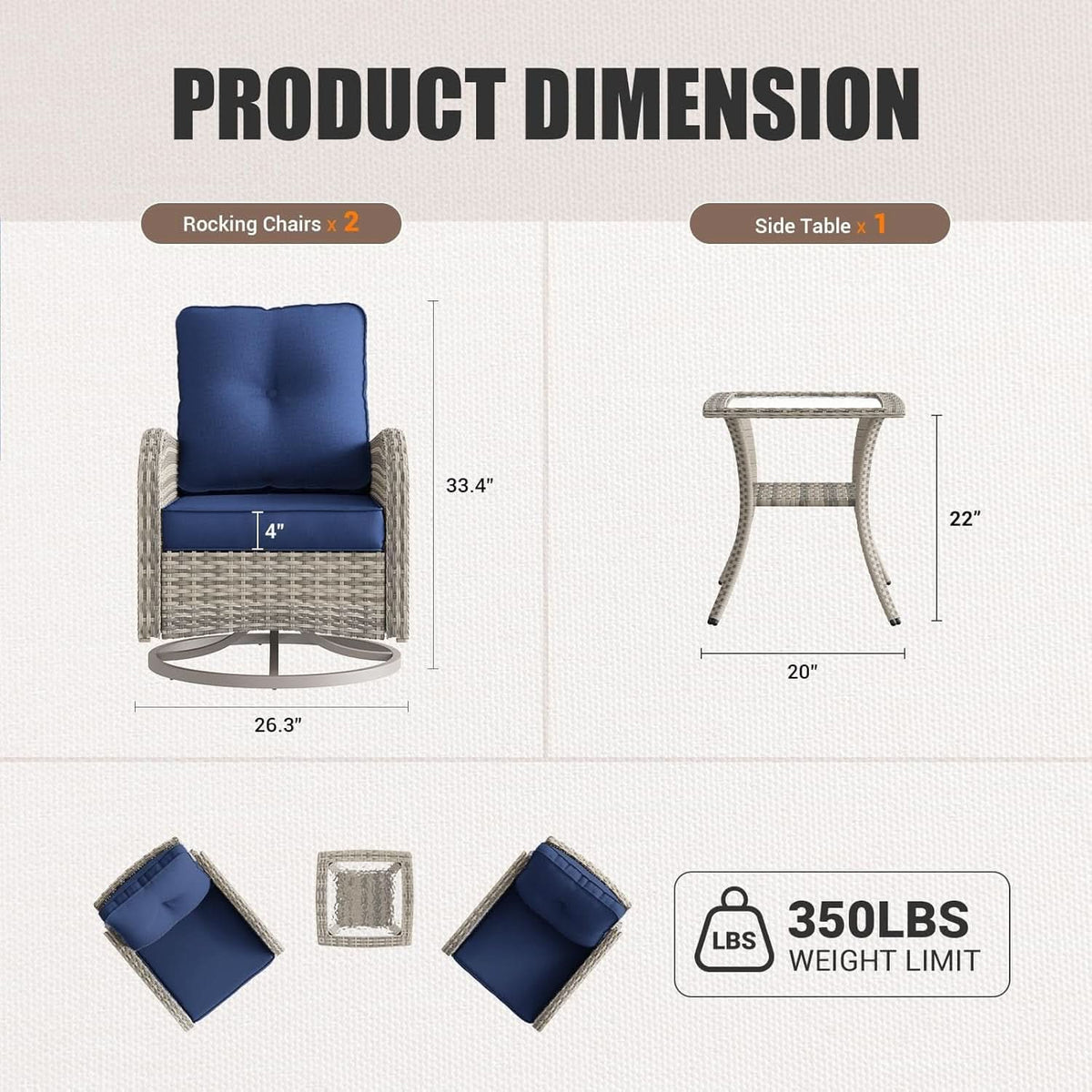 Blue Patio Rocking Swivel Chair Set With Glass Table
