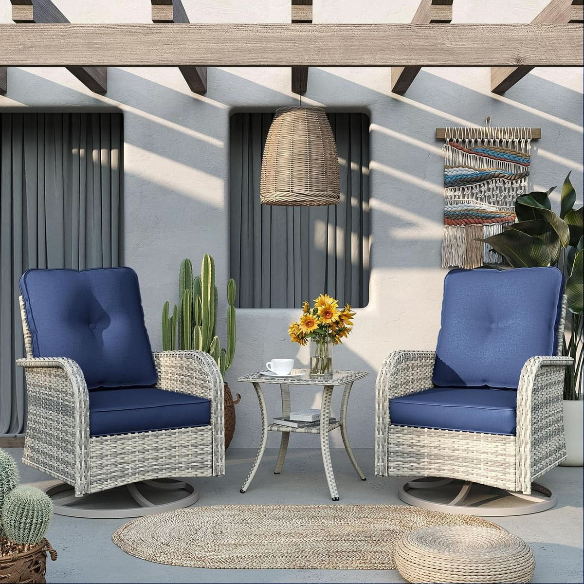 Blue Patio Rocking Swivel Chair Set With Glass Table