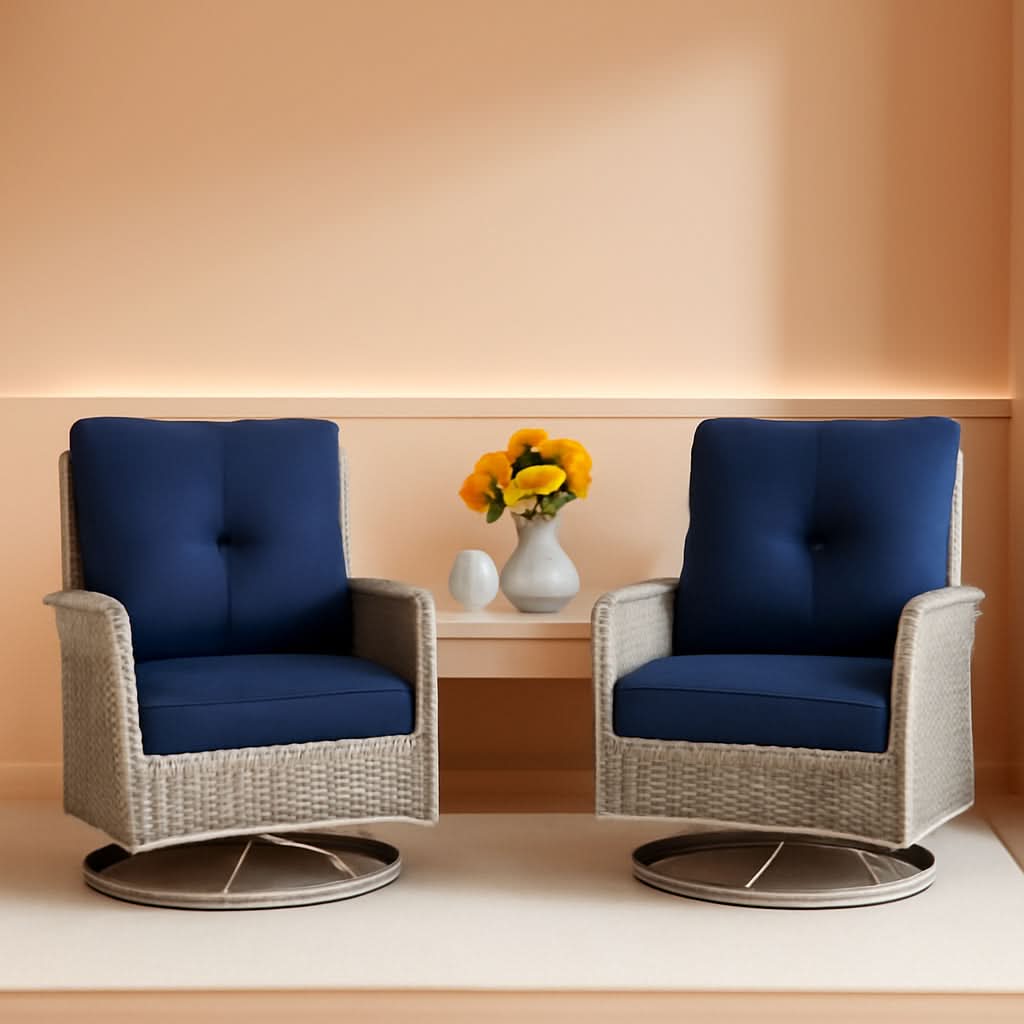 Blue Patio Rocking Swivel Chair Set With Glass Table