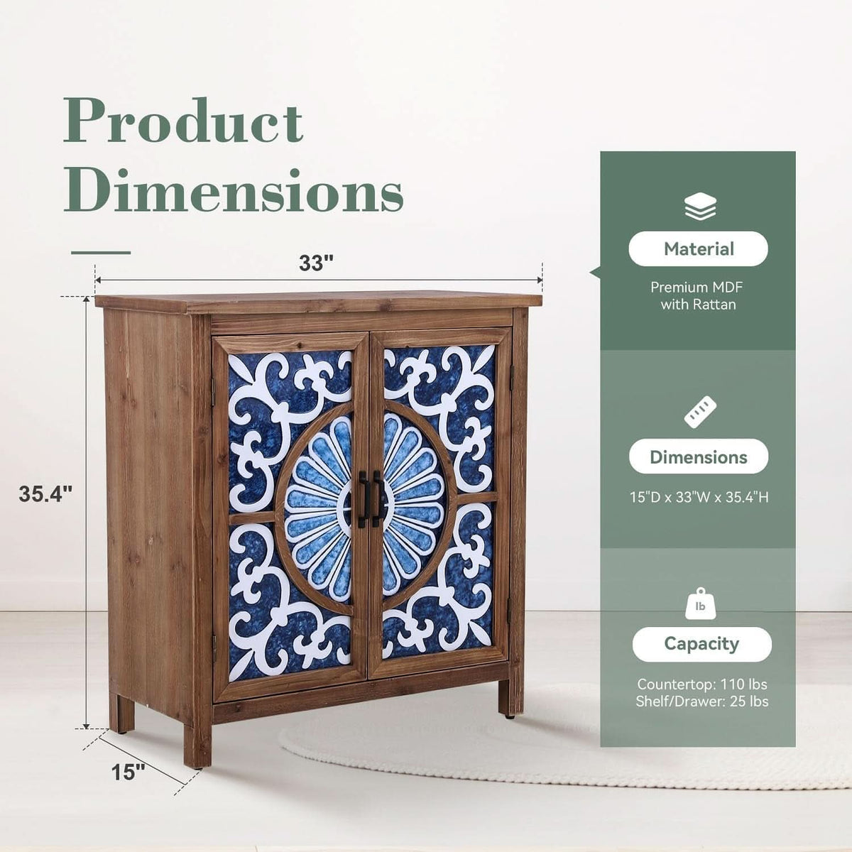 Blue Porcelain Front Accent Storage Cabinet With 2 Doors