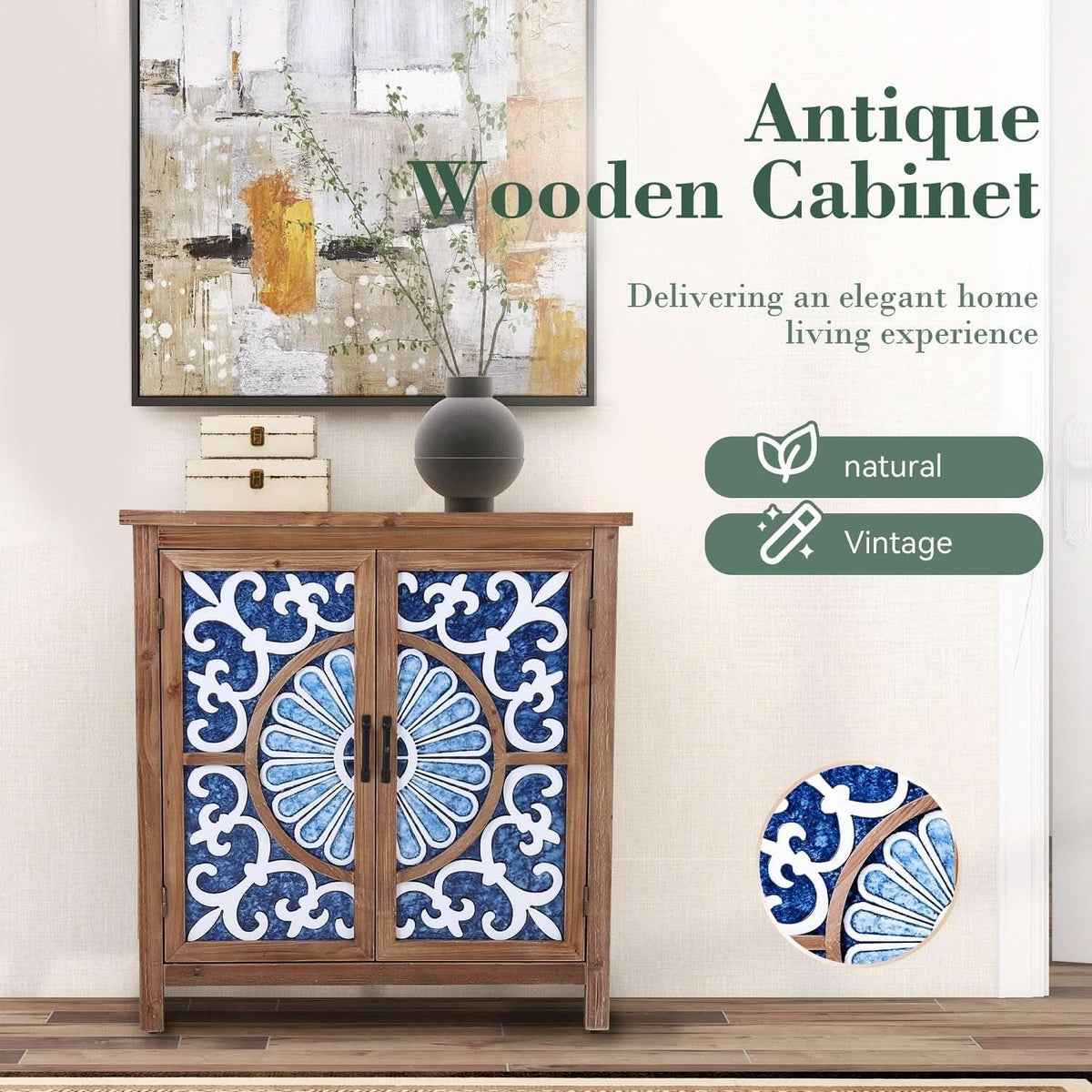 Blue Porcelain Front Accent Storage Cabinet With 2 Doors