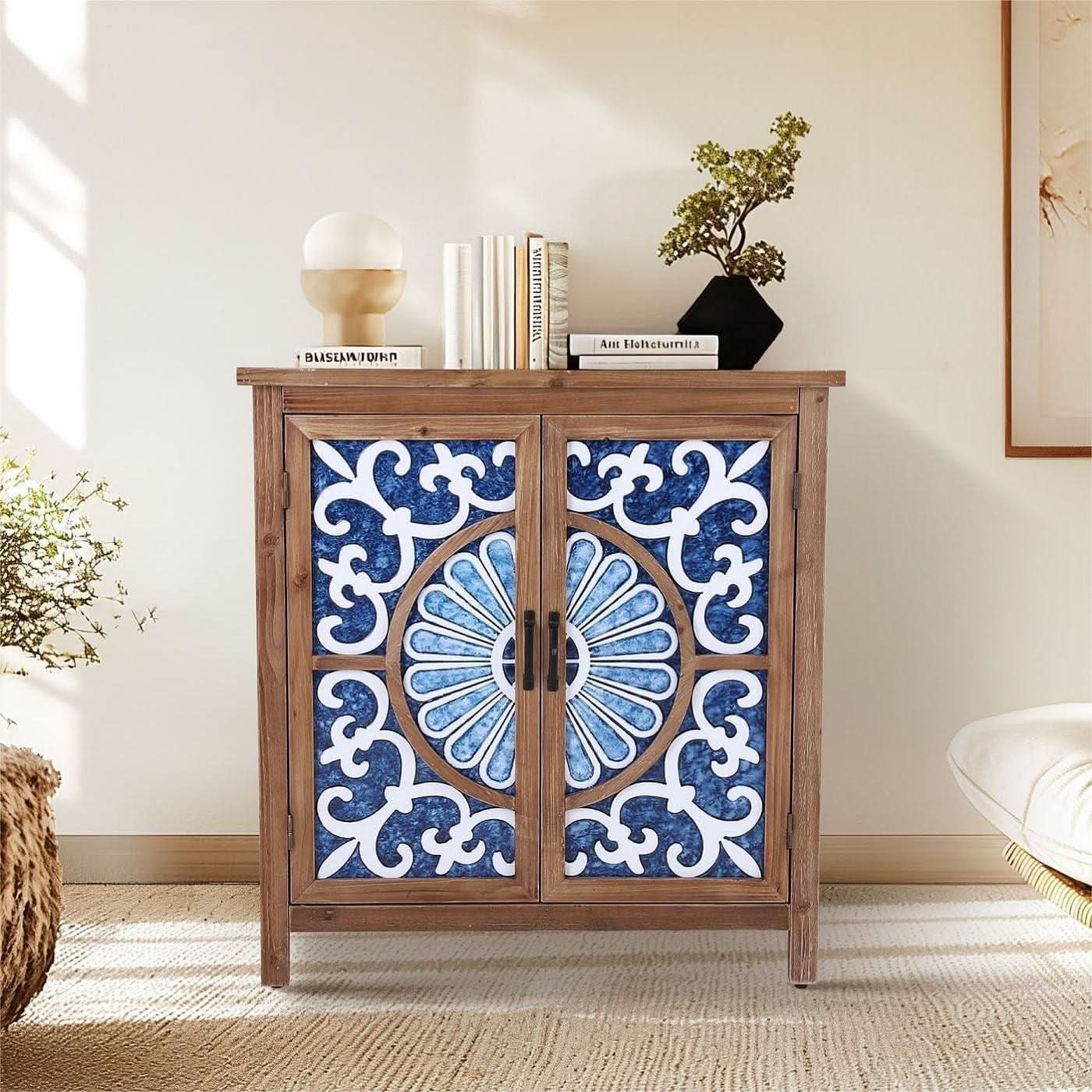Blue Porcelain Front Accent Storage Cabinet With 2 Doors