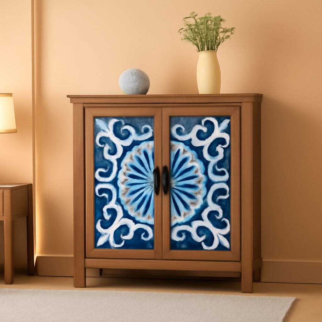 Blue Porcelain Front Accent Storage Cabinet With 2 Doors