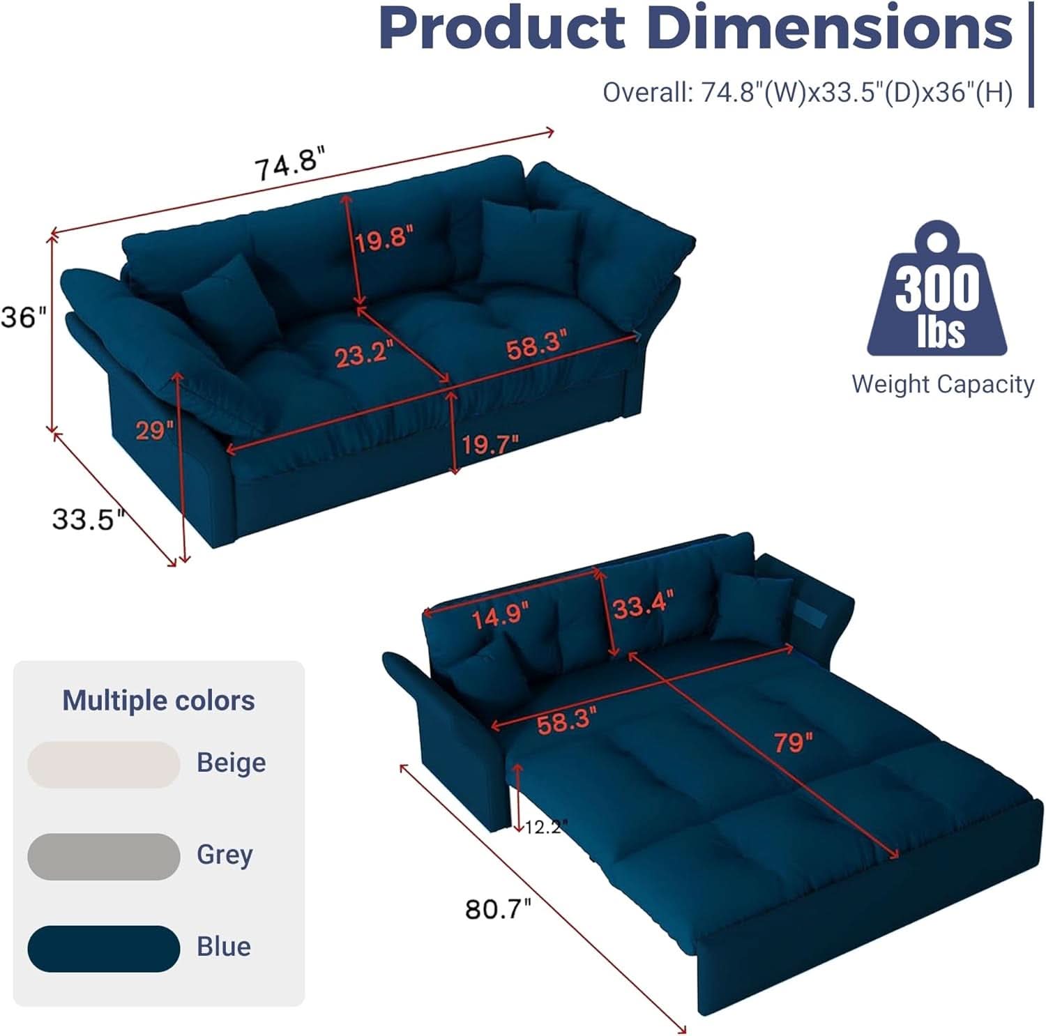 Blue Queen Size Three In One Convertible Sleeper Sofa