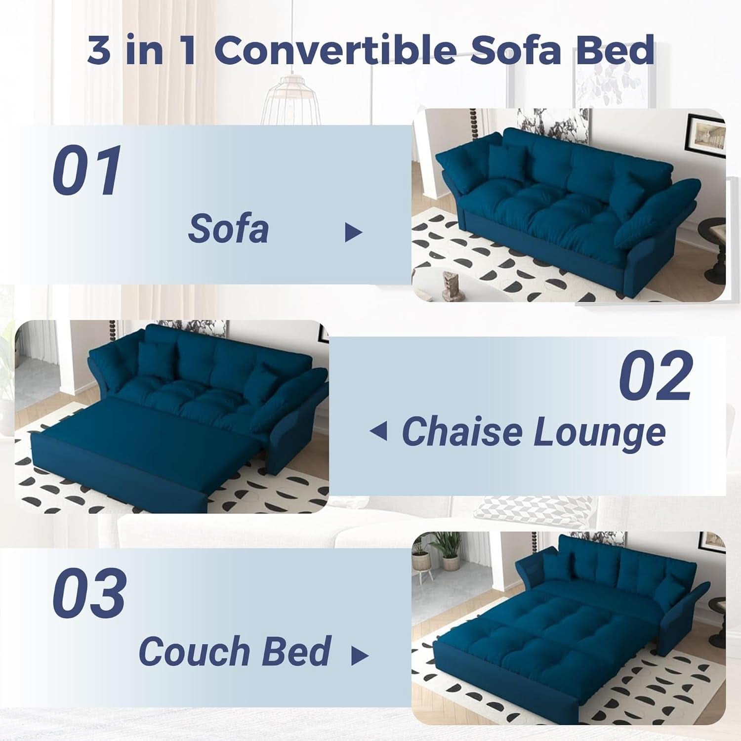 Blue Queen Size Three In One Convertible Sleeper Sofa