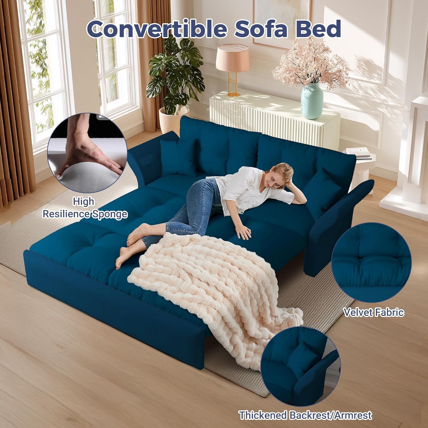 Blue Queen Size Three In One Convertible Sleeper Sofa