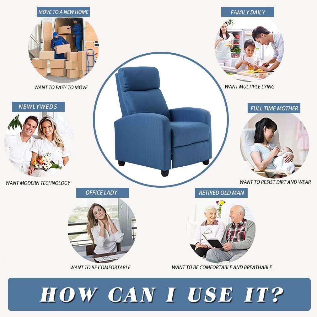 Blue Recliner Chair For Living Room With Padded Backrest