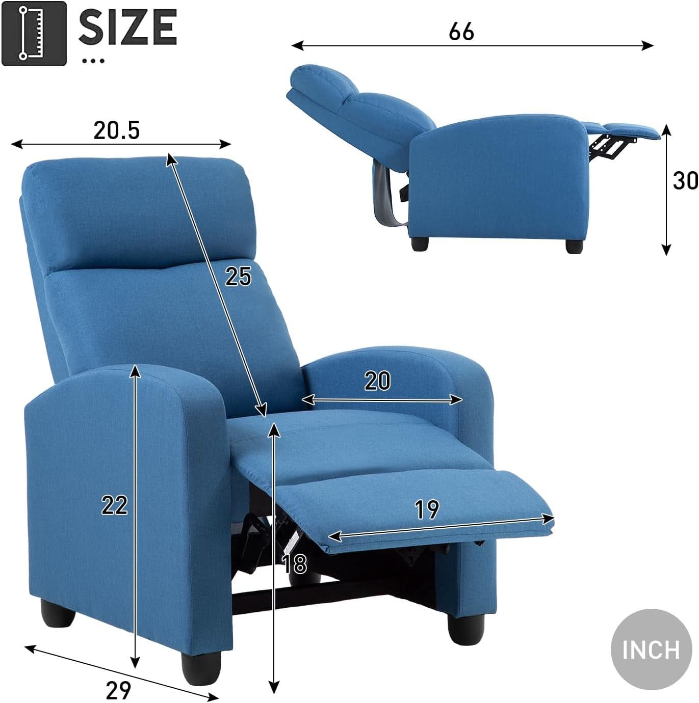 Blue Recliner Chair With Lumbar Support And Push Back Recline