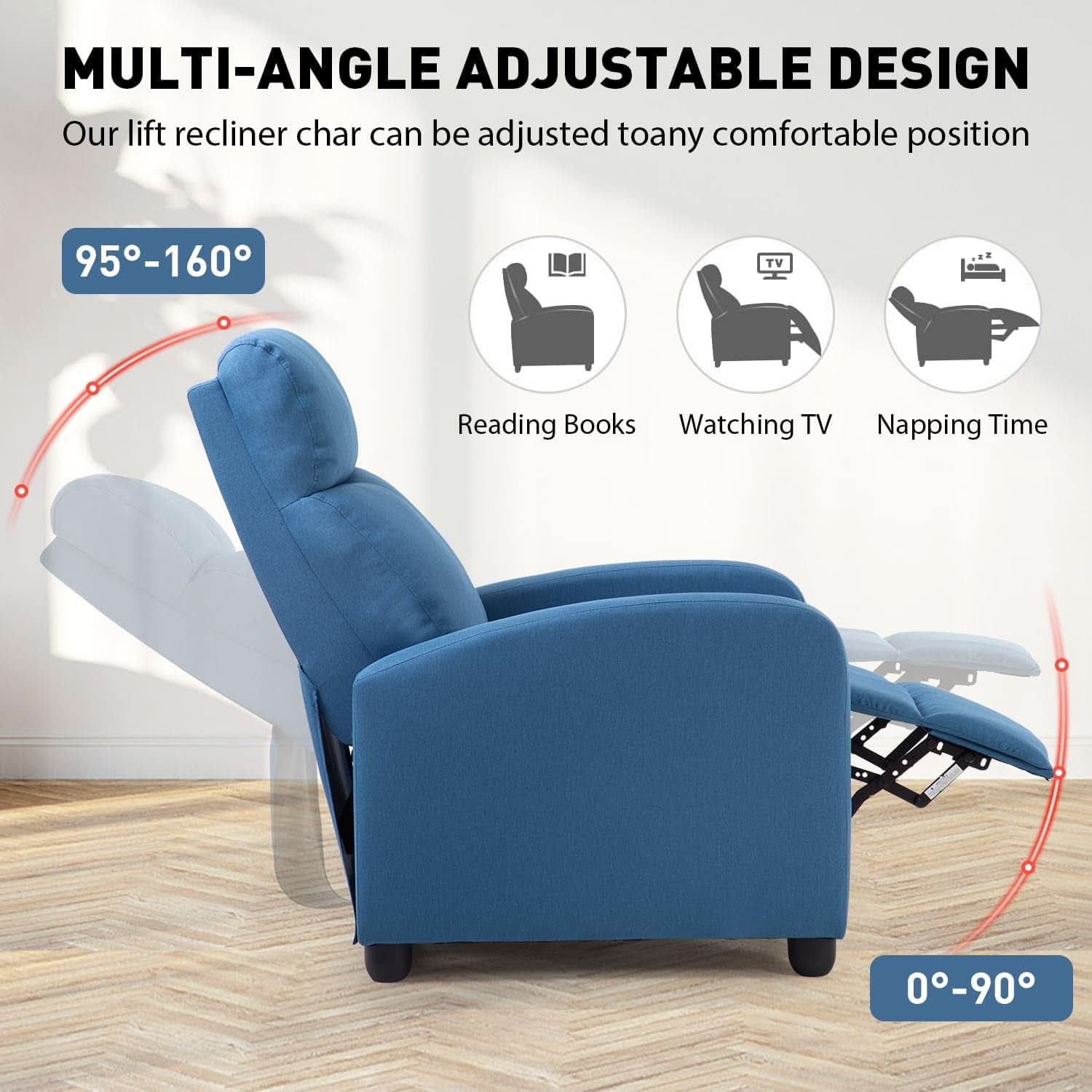 Blue Recliner Chair With Lumbar Support And Push Back Recline
