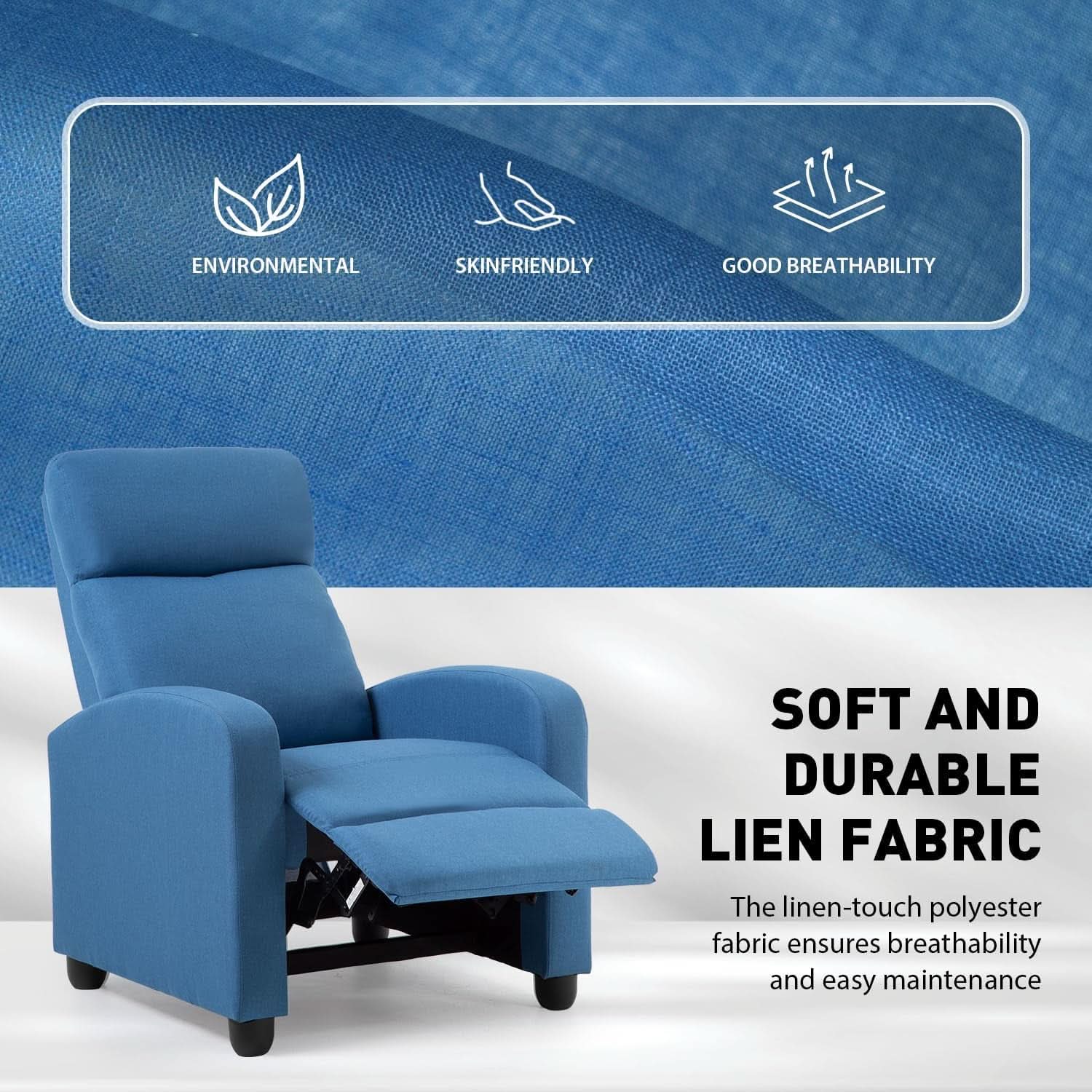 Blue Recliner Chair With Lumbar Support And Push Back Recline