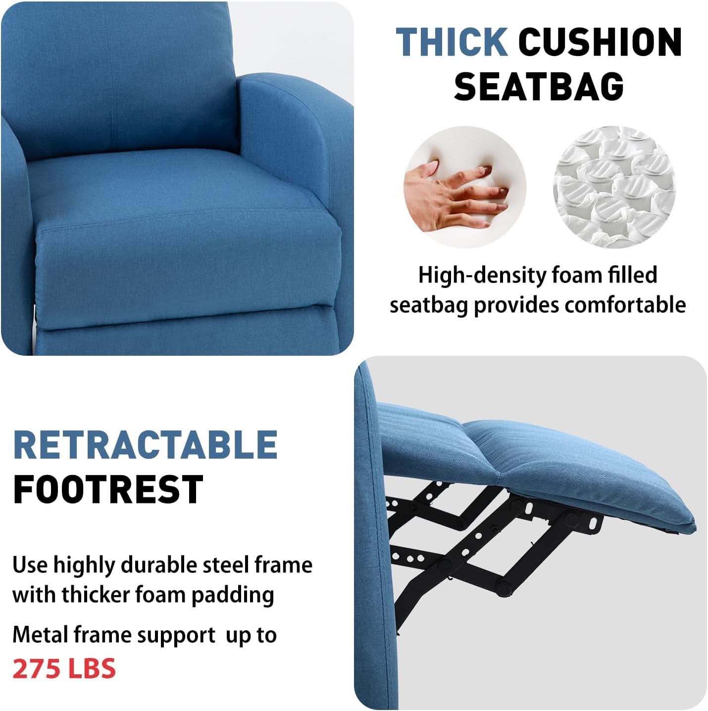 Blue Recliner Chair With Lumbar Support And Push Back Recline