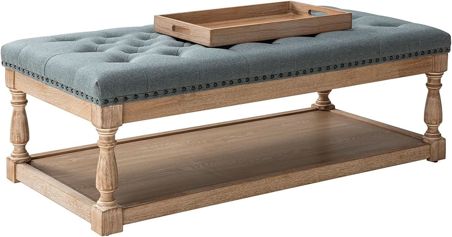 Blue Rectangular Upholstered Ottoman Coffee Table Tray
