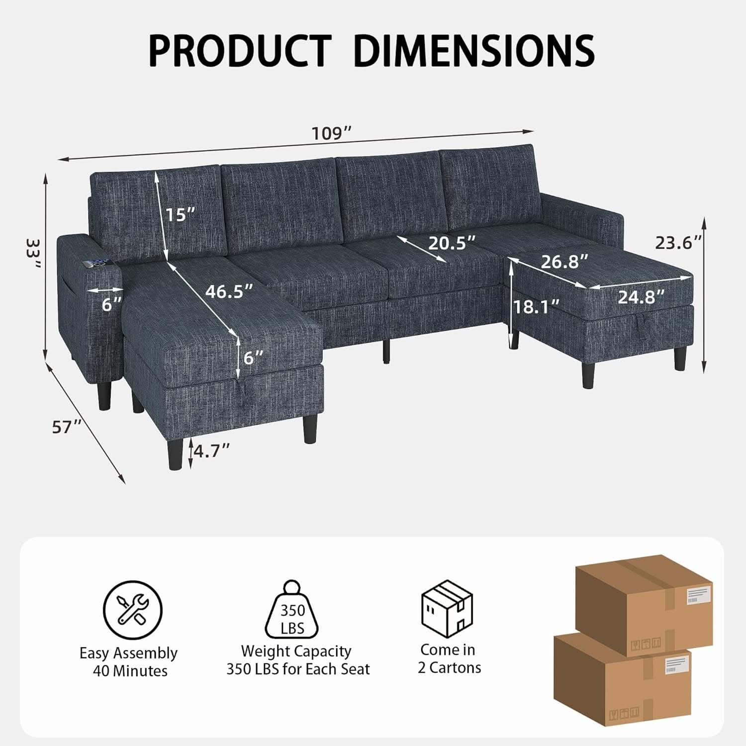 Blue Sectional Sofa With Reversible Chaise And Ottoman