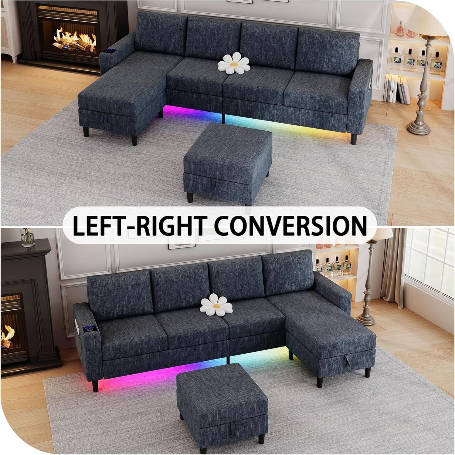 Blue Sectional Sofa With Reversible Chaise And Ottoman