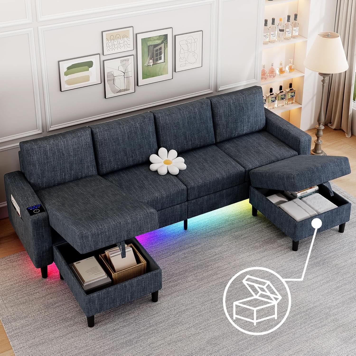 Blue Sectional Sofa With Reversible Chaise And Ottoman