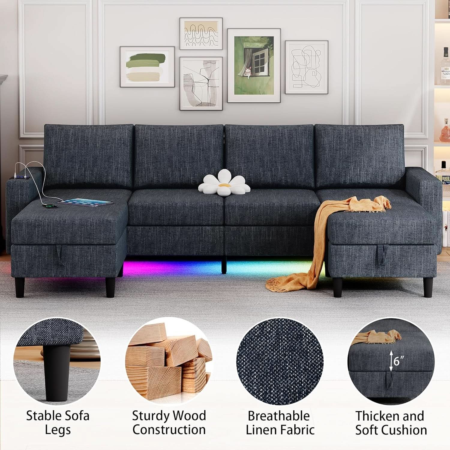Blue Sectional Sofa With Reversible Chaise And Ottoman