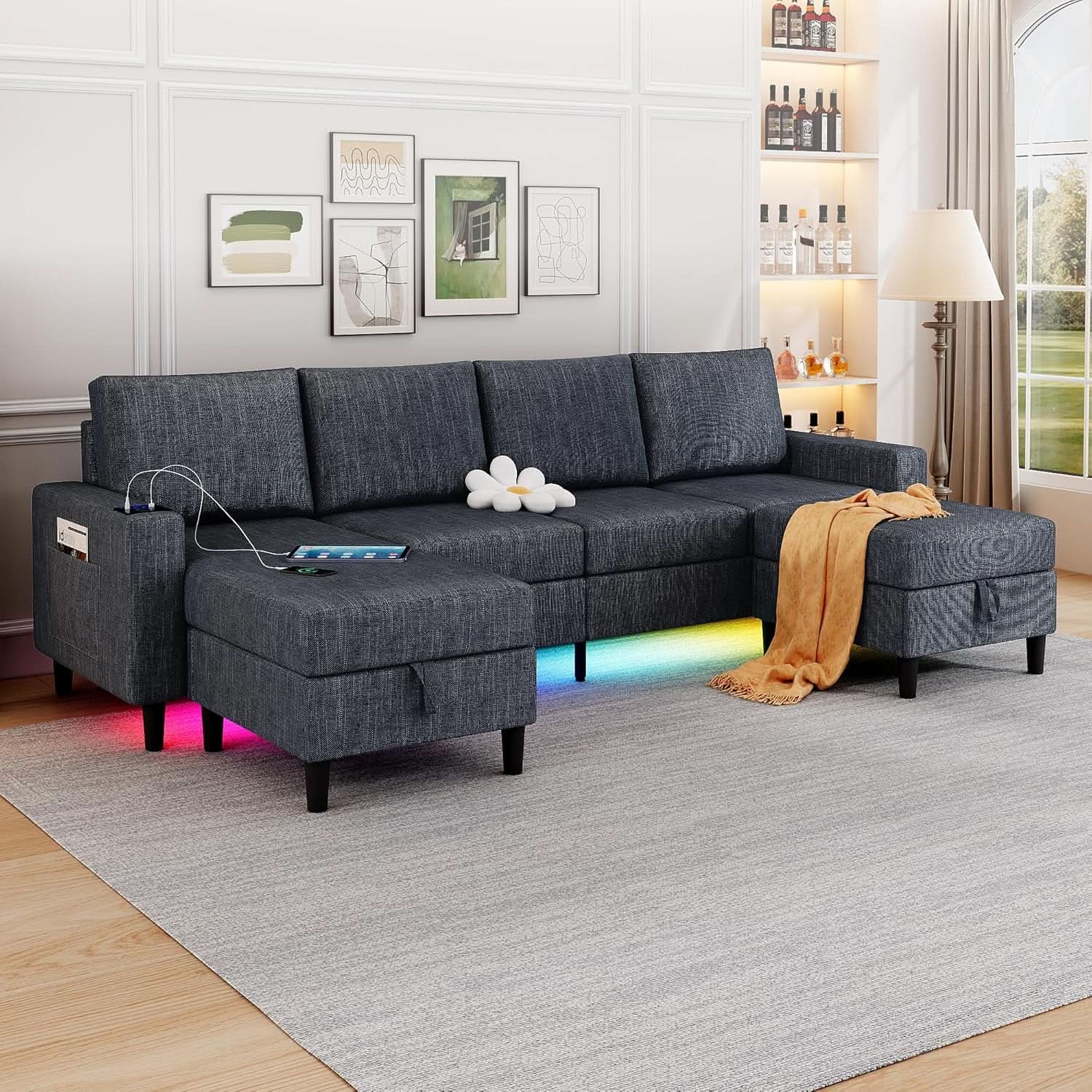 Blue Sectional Sofa With Reversible Chaise And Ottoman