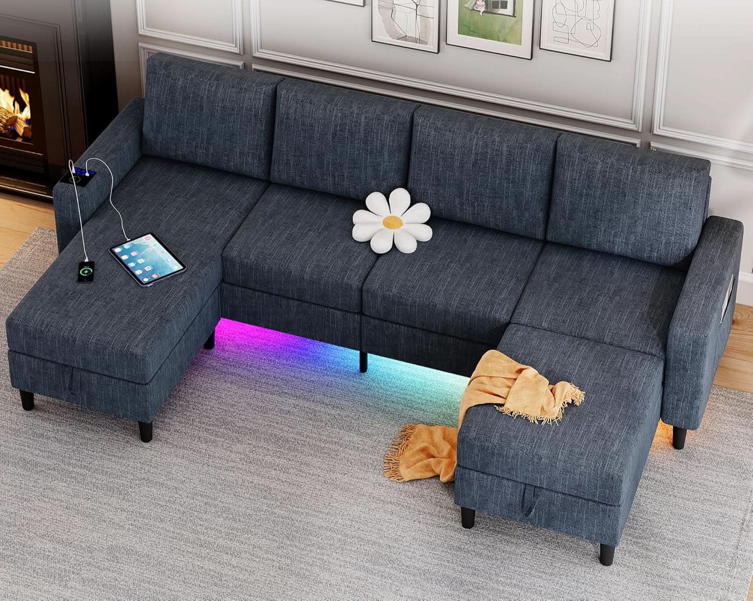Blue Sectional Sofa With Reversible Chaise And Ottoman