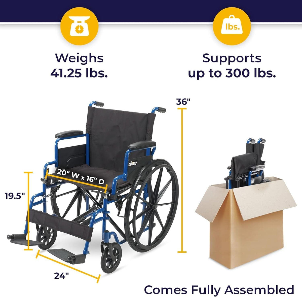 Blue Streak Folding Wheelchair With Flip Back Desk Arms 20 Inch Seat