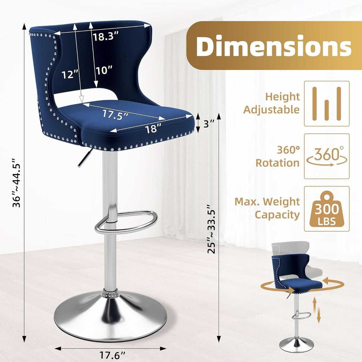 Blue Swivel Bar Stools Set of 4 for Kitchen Island