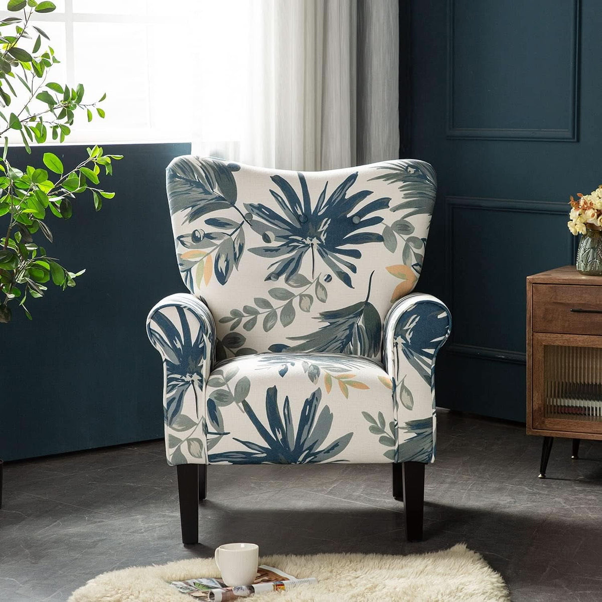 Blue Tufted Armchair With Linen Upholstery And Wood Legs