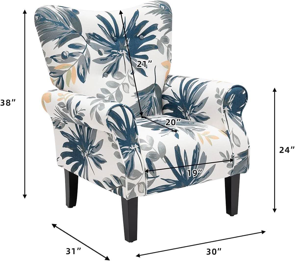 Blue Tufted Armchair With Linen Upholstery And Wood Legs