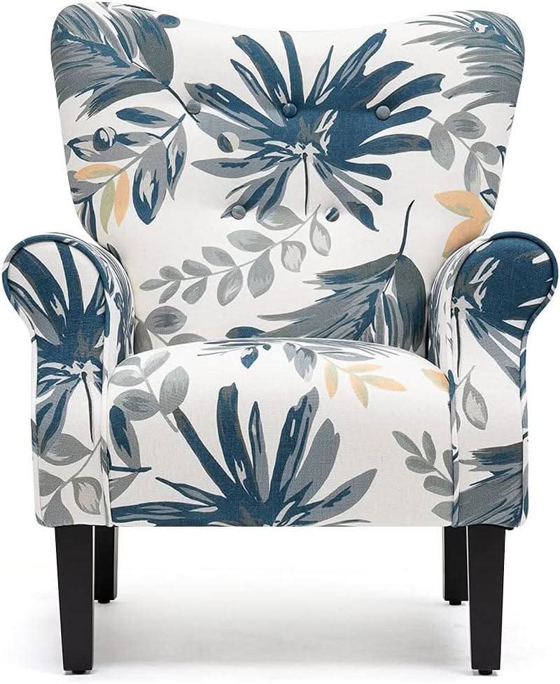 Blue Tufted Armchair With Linen Upholstery And Wood Legs
