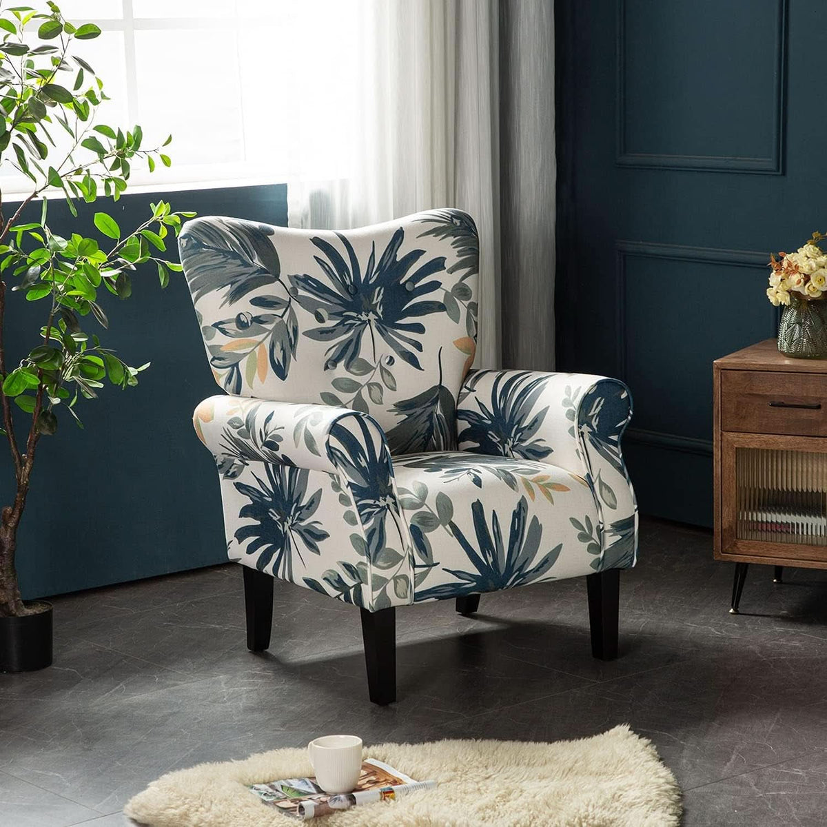 Blue Tufted Armchair With Linen Upholstery And Wood Legs
