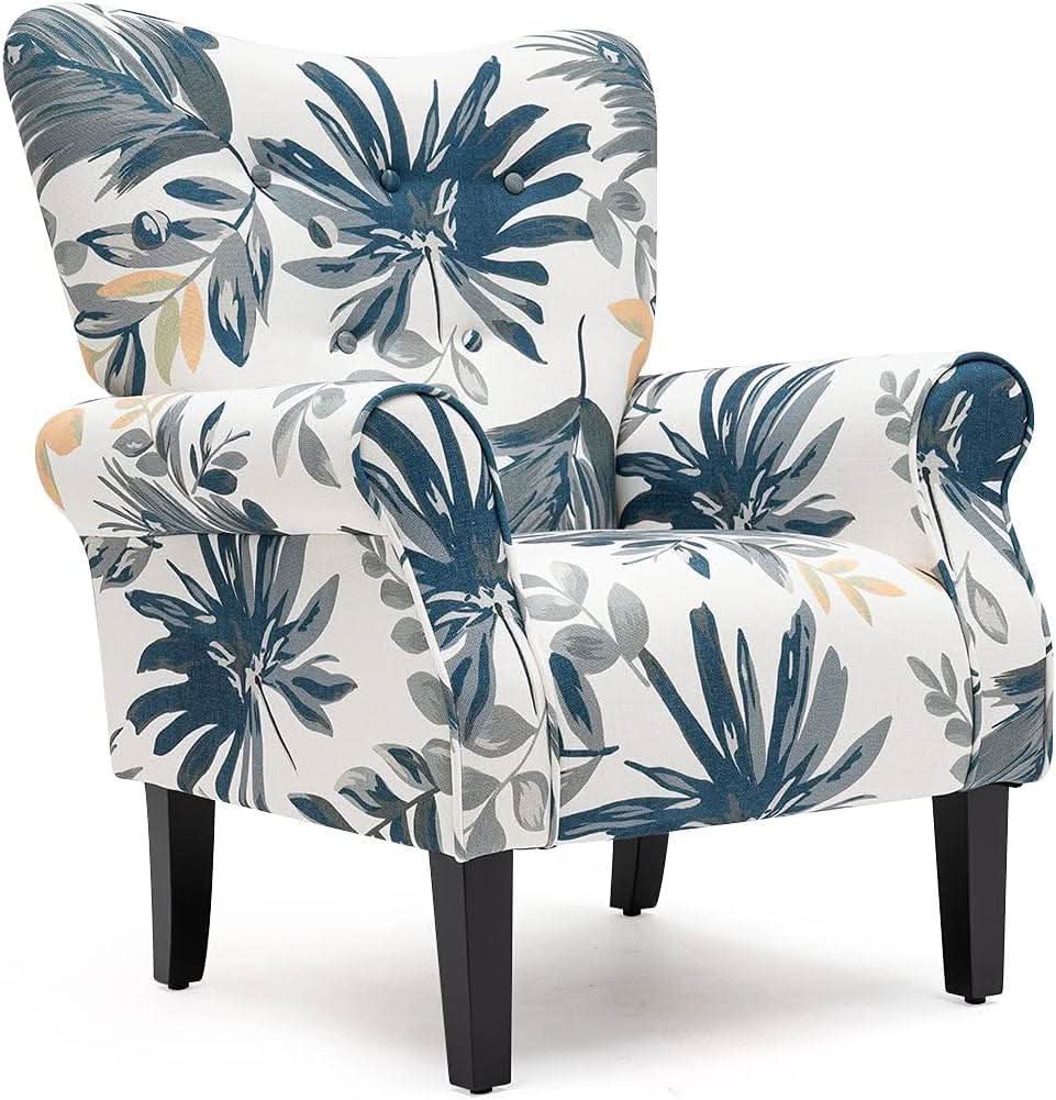 Blue Tufted Armchair With Linen Upholstery And Wood Legs