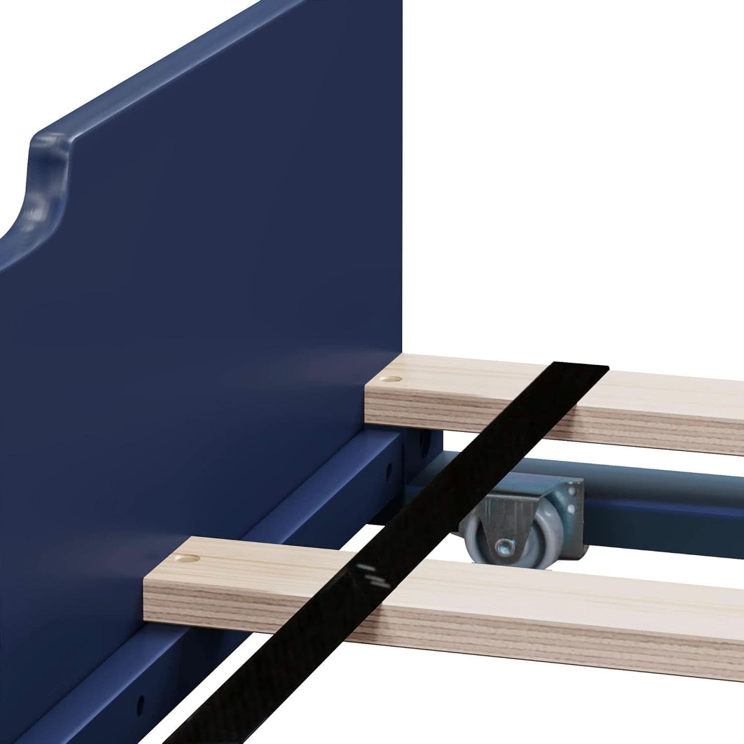 Blue Twin Bed Frame With Trundle Slatted Headboard