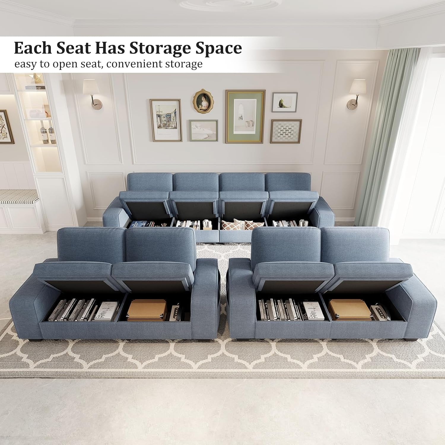 Blue U Shape Sectional Sofa Set With Large Storage