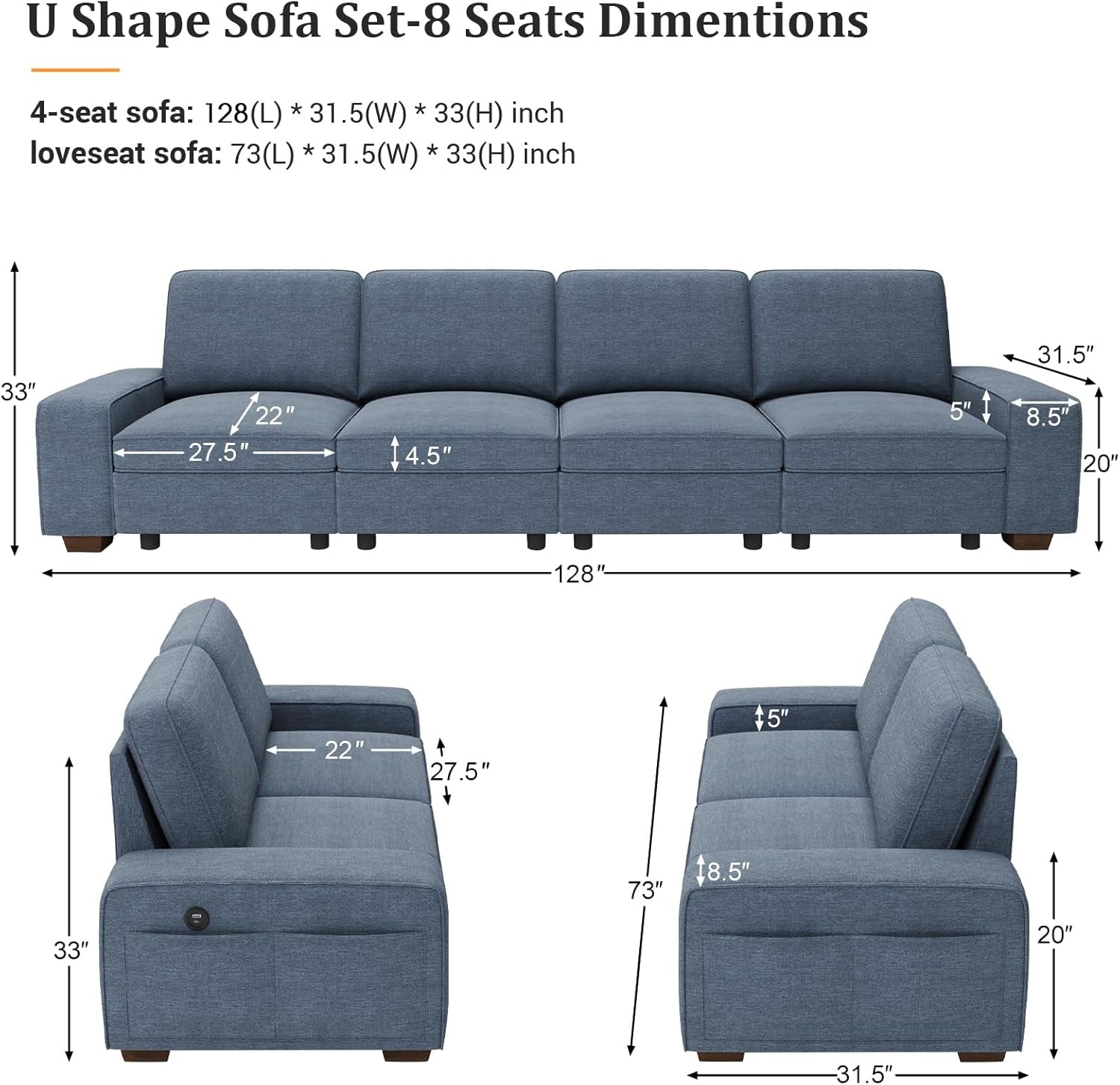 Blue U Shape Sectional Sofa Set With Large Storage
