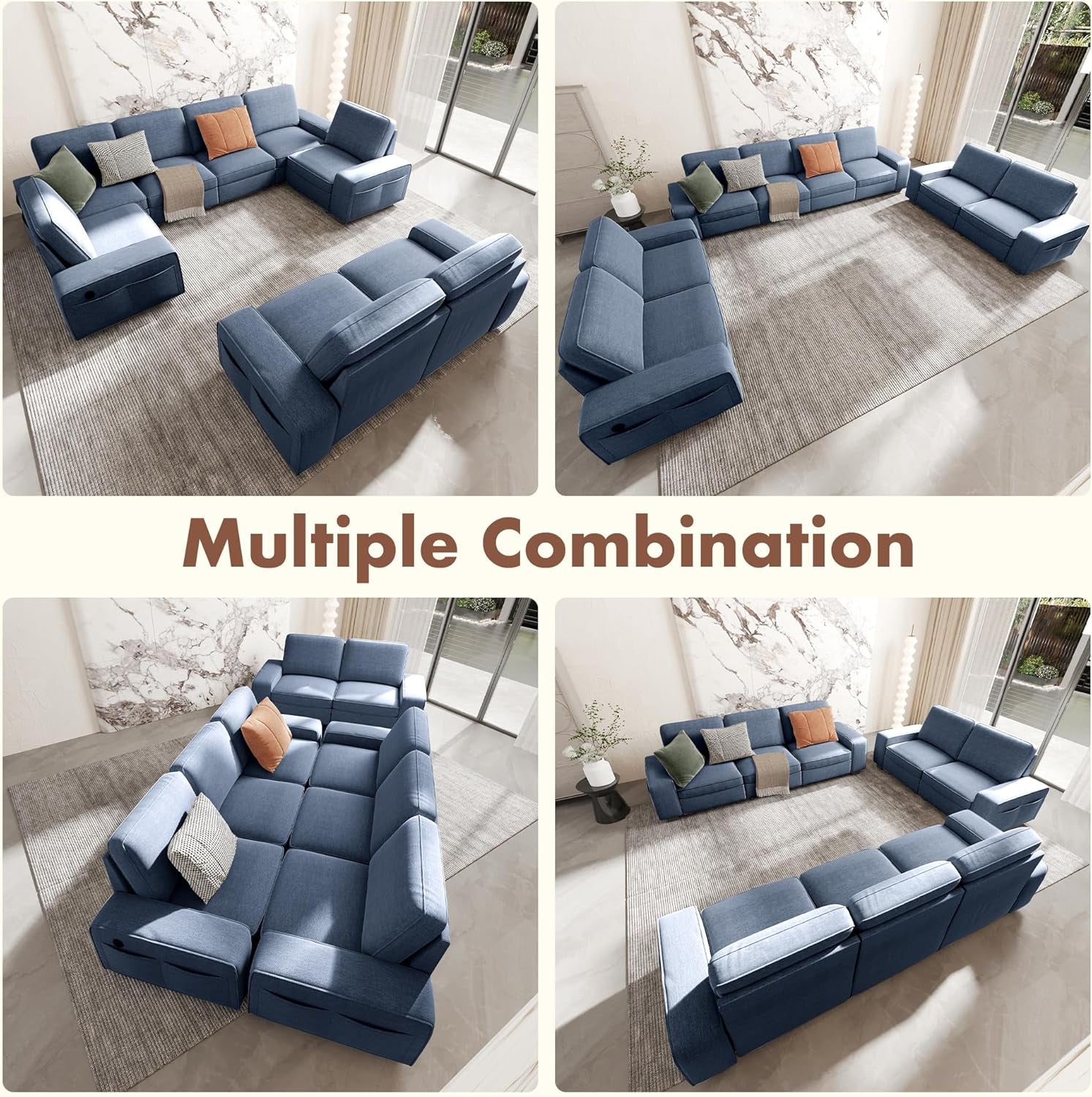 Blue U Shape Sectional Sofa Set With Large Storage