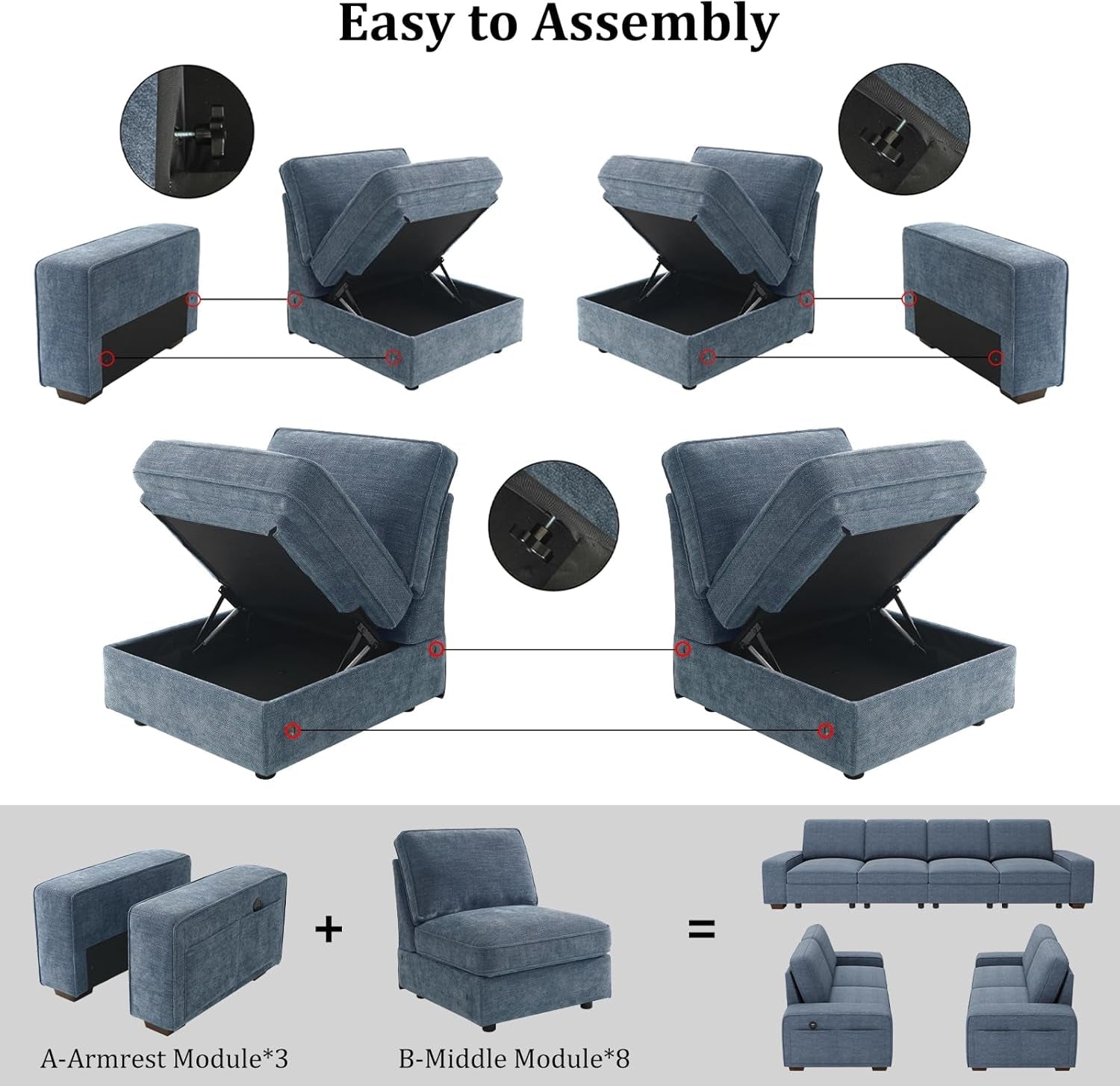 Blue U Shape Sectional Sofa Set With Large Storage