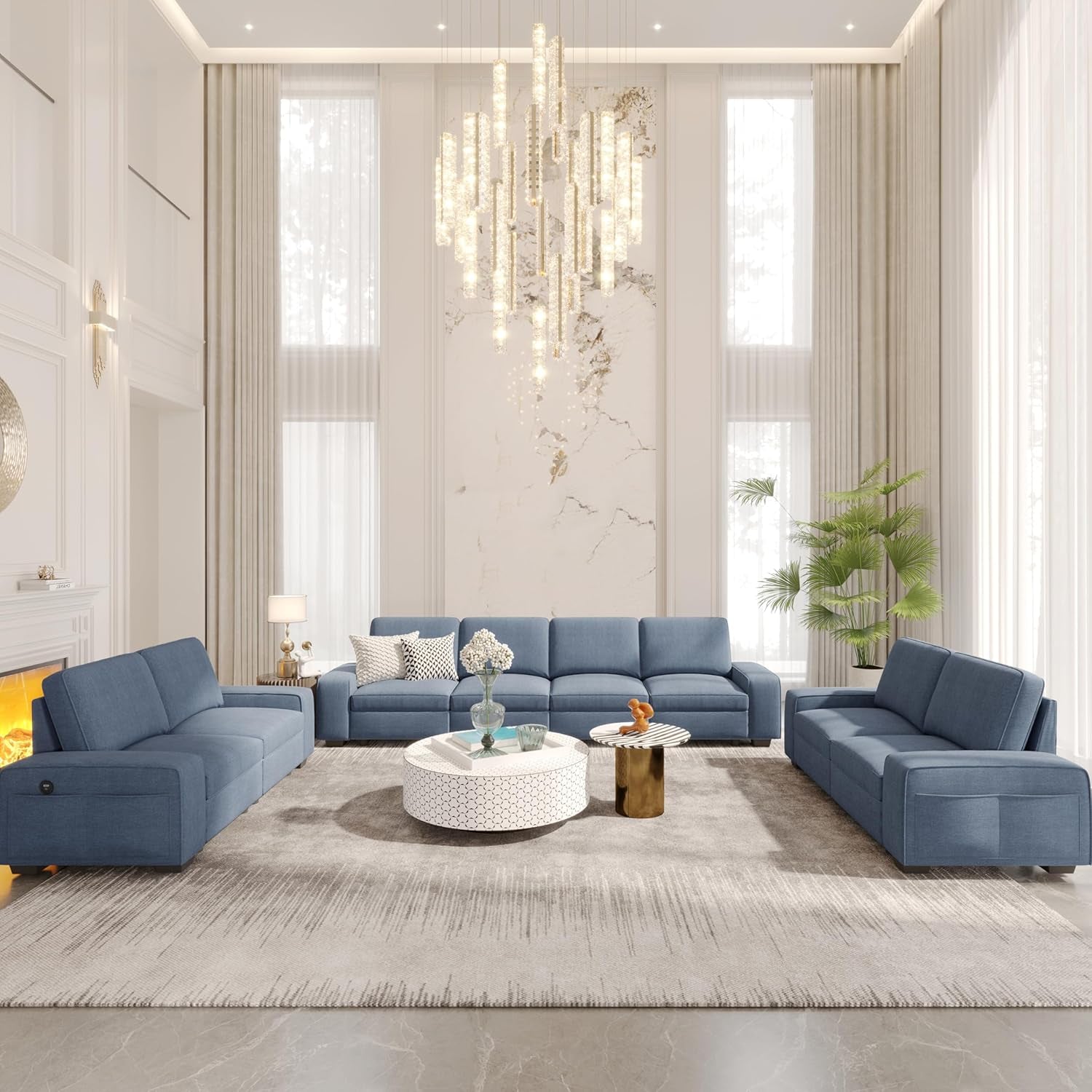 Blue U Shape Sectional Sofa Set With Large Storage