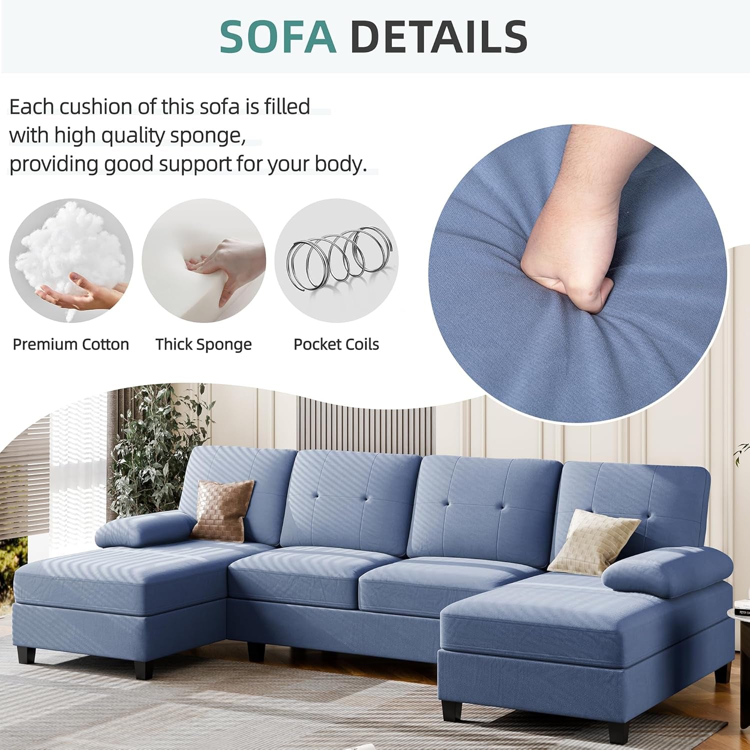 Blue U Shaped Sectional Sofa For Living Room Chaise