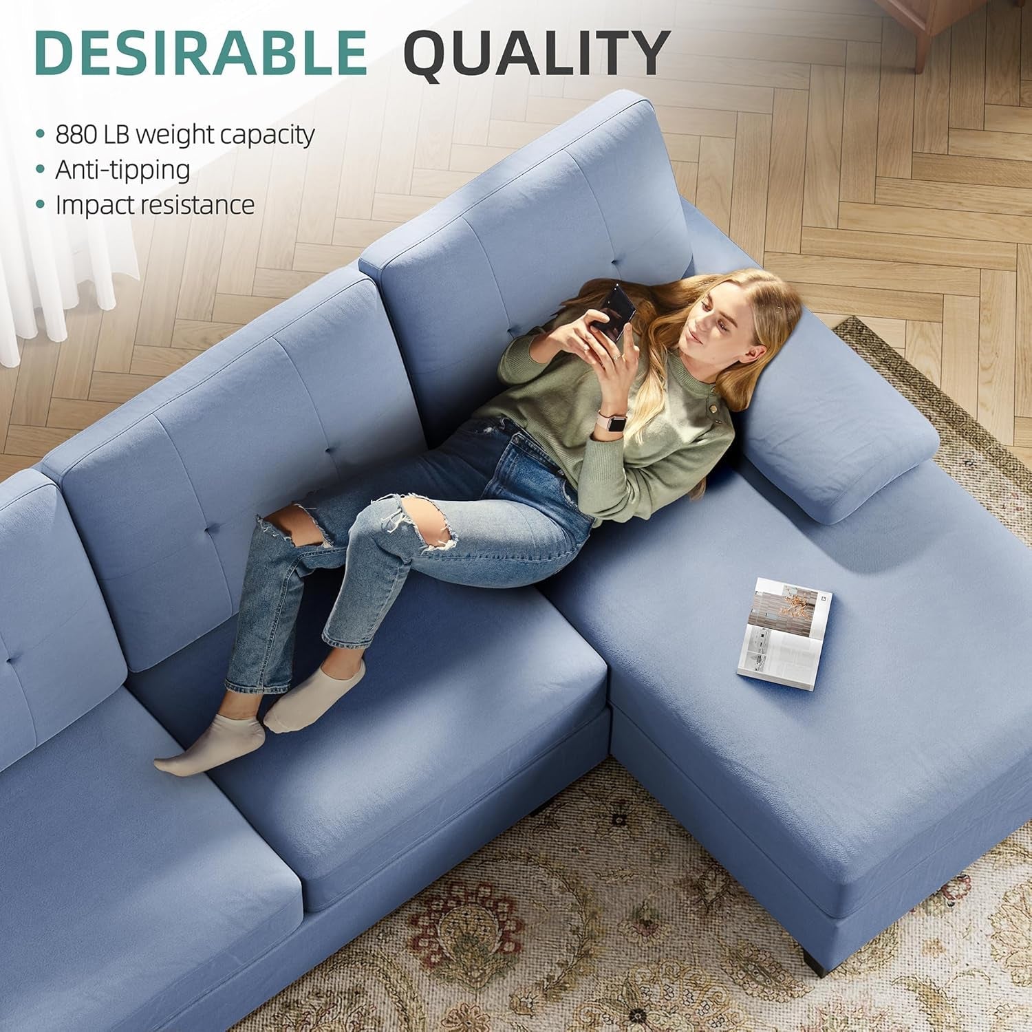 Blue U Shaped Sectional Sofa For Living Room Chaise