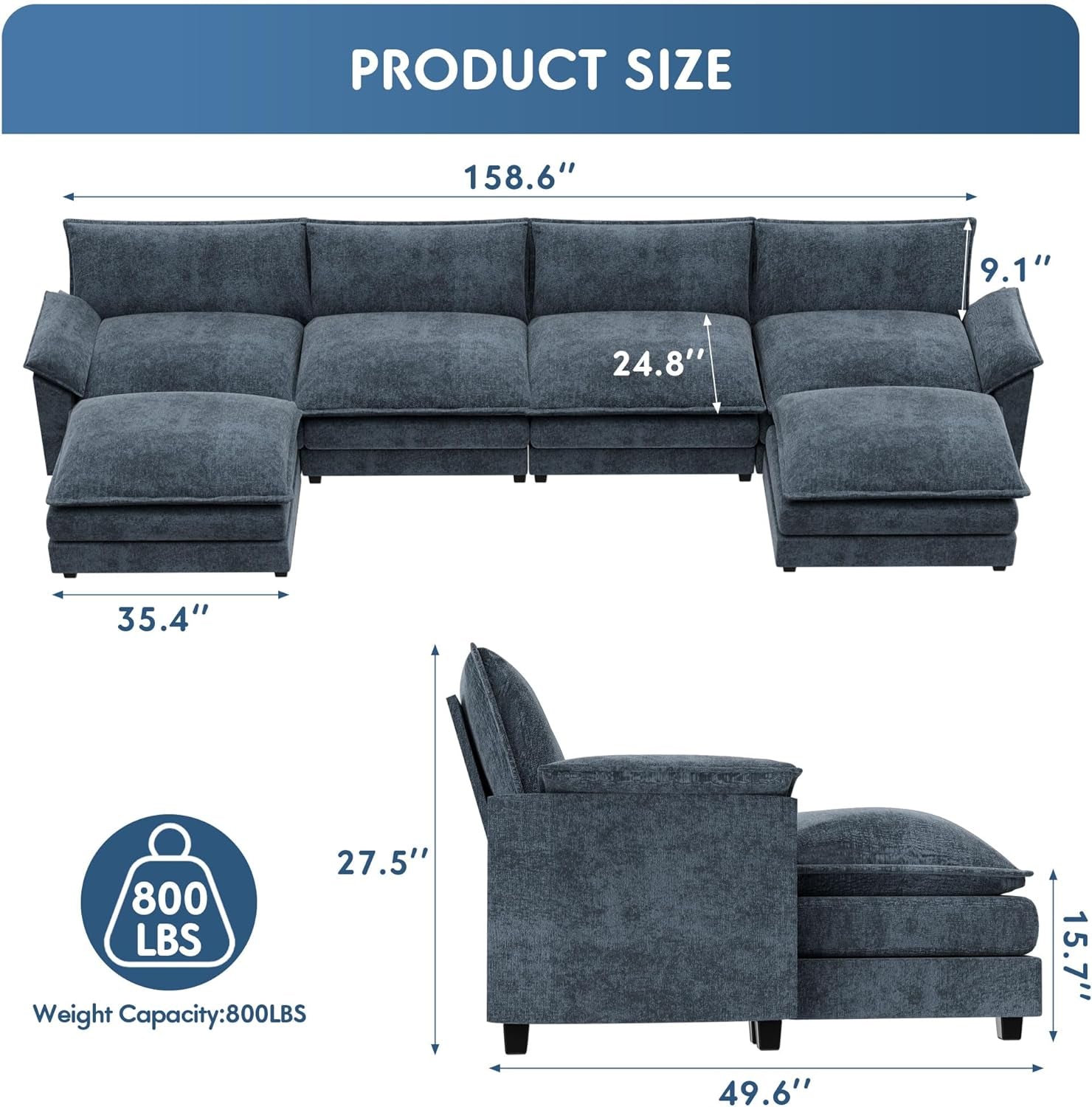 Blue U Shaped Sectional Sofa With Removable Ottoman