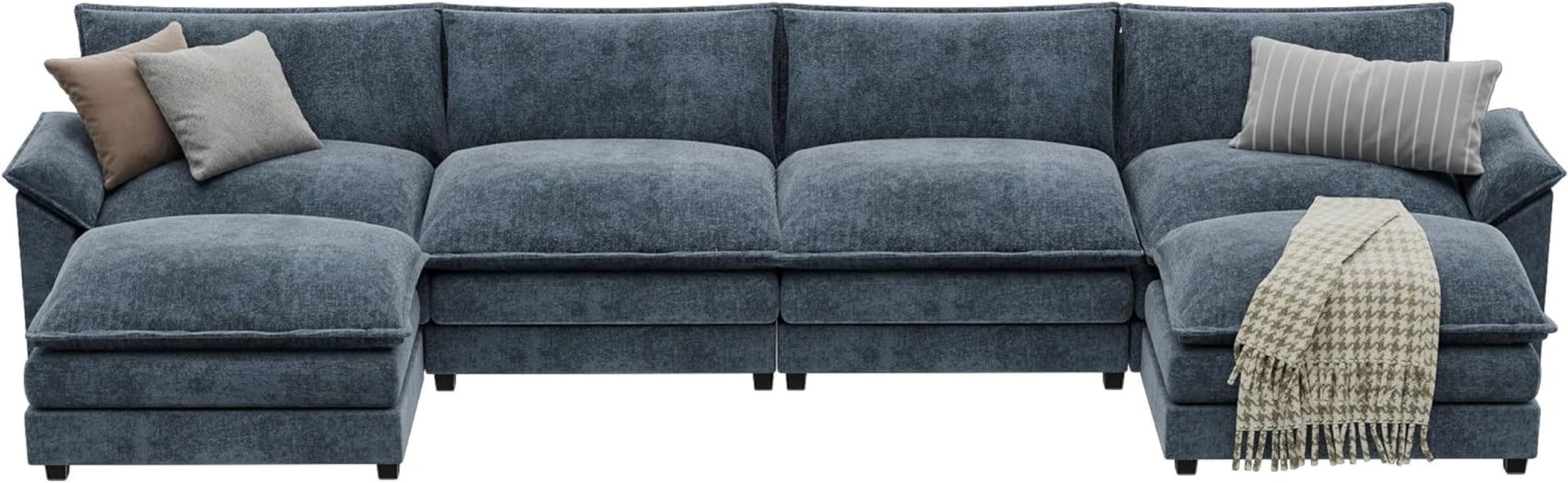 Blue U Shaped Sectional Sofa With Removable Ottoman