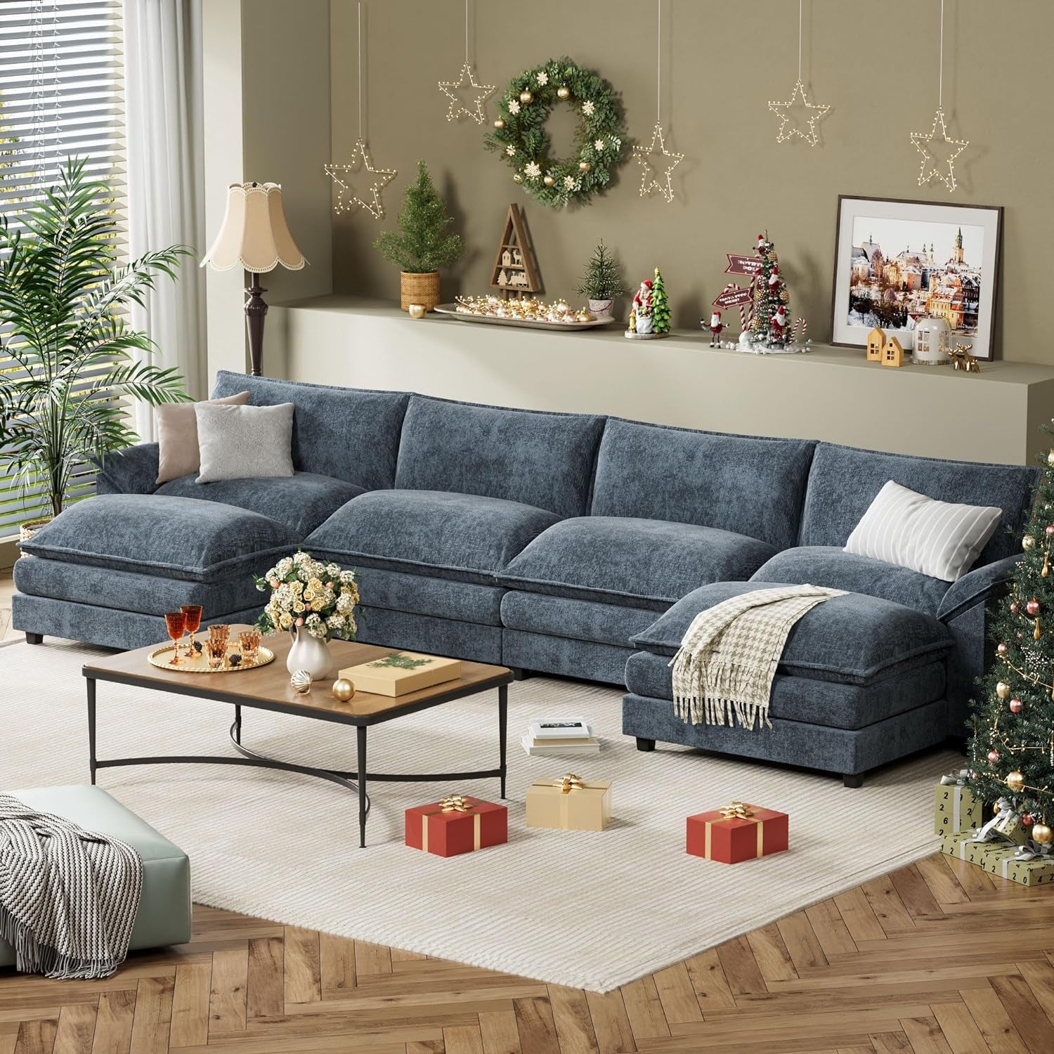 Blue U Shaped Sectional Sofa With Removable Ottoman