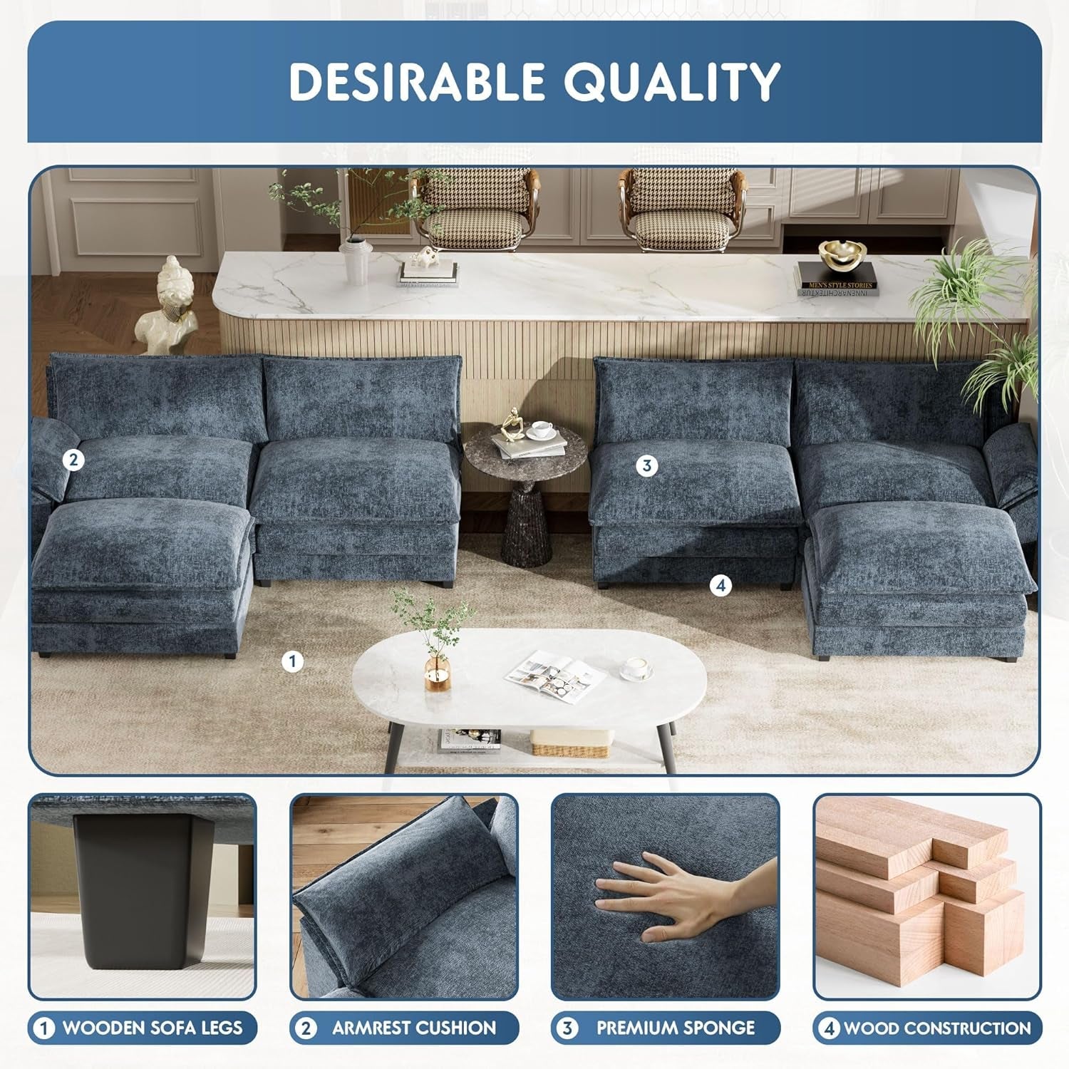 Blue U Shaped Sectional Sofa With Removable Ottoman
