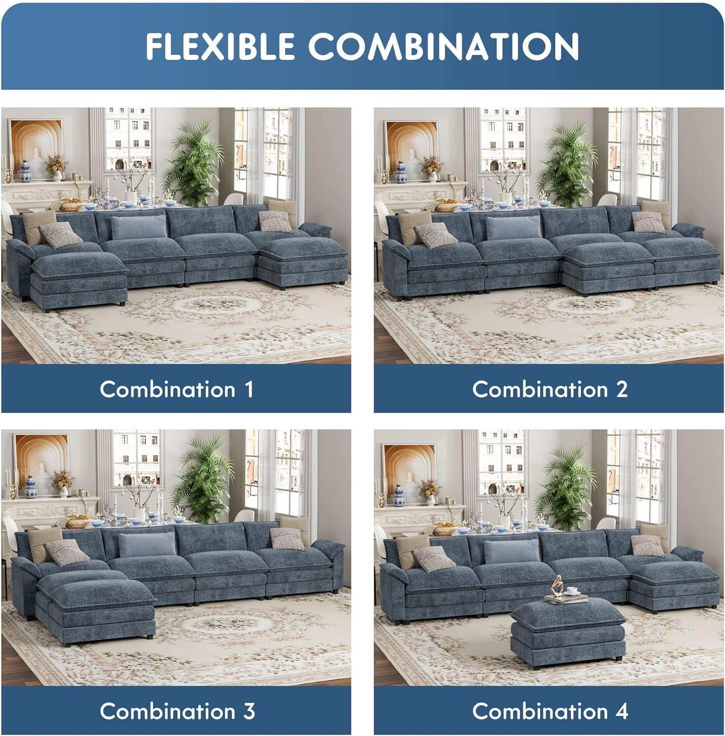 Blue U Shaped Sectional Sofa With Removable Ottoman