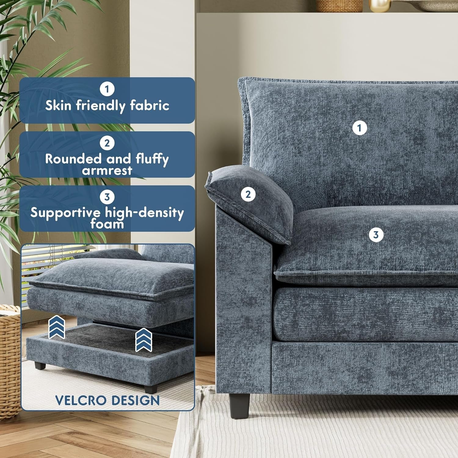 Blue U Shaped Sectional Sofa With Removable Ottoman