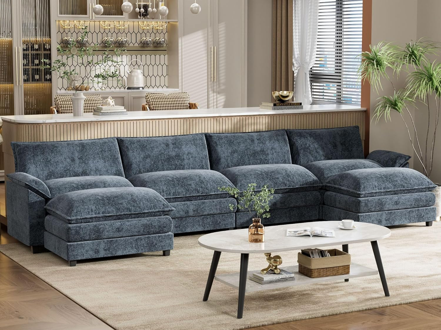 Blue U Shaped Sectional Sofa With Removable Ottoman