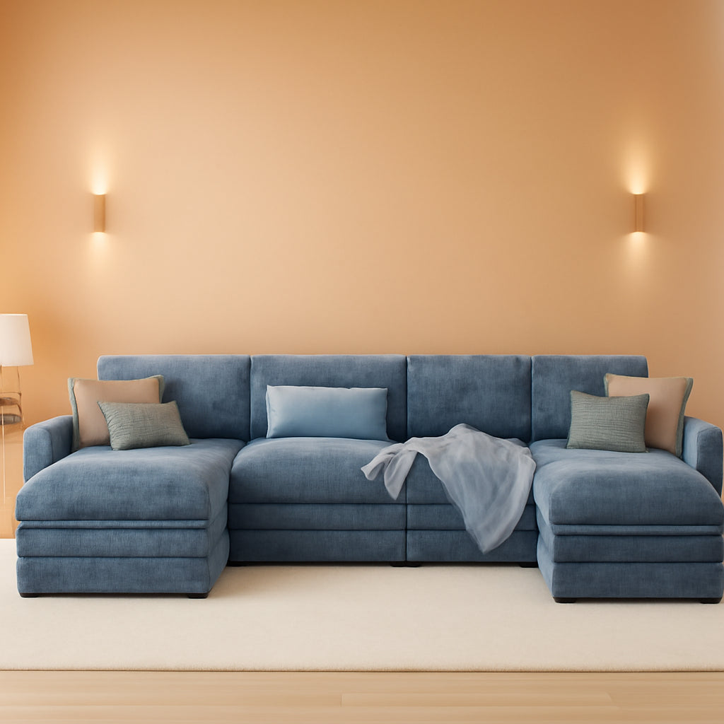 Blue U Shaped Sectional Sofa With Removable Ottoman