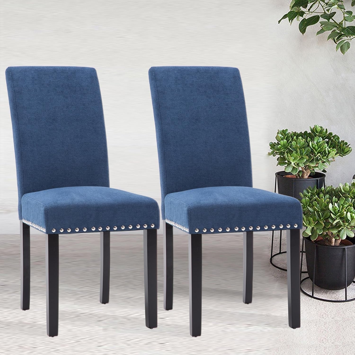 Blue Upholstered Dining Chair Pair With Copper Nailheads