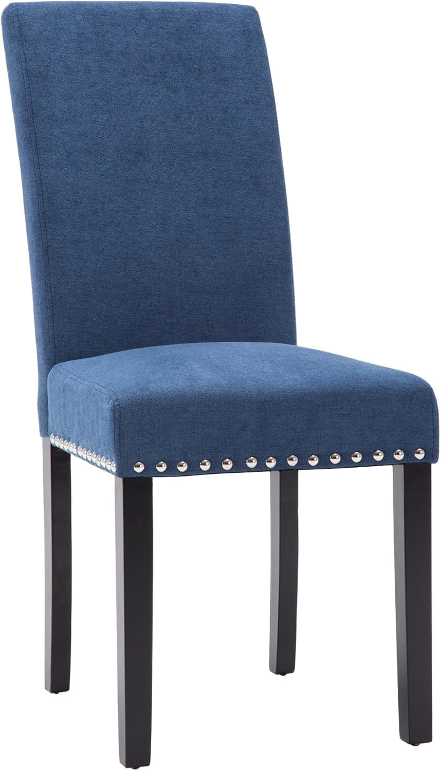 Blue Upholstered Dining Chair Pair With Copper Nailheads