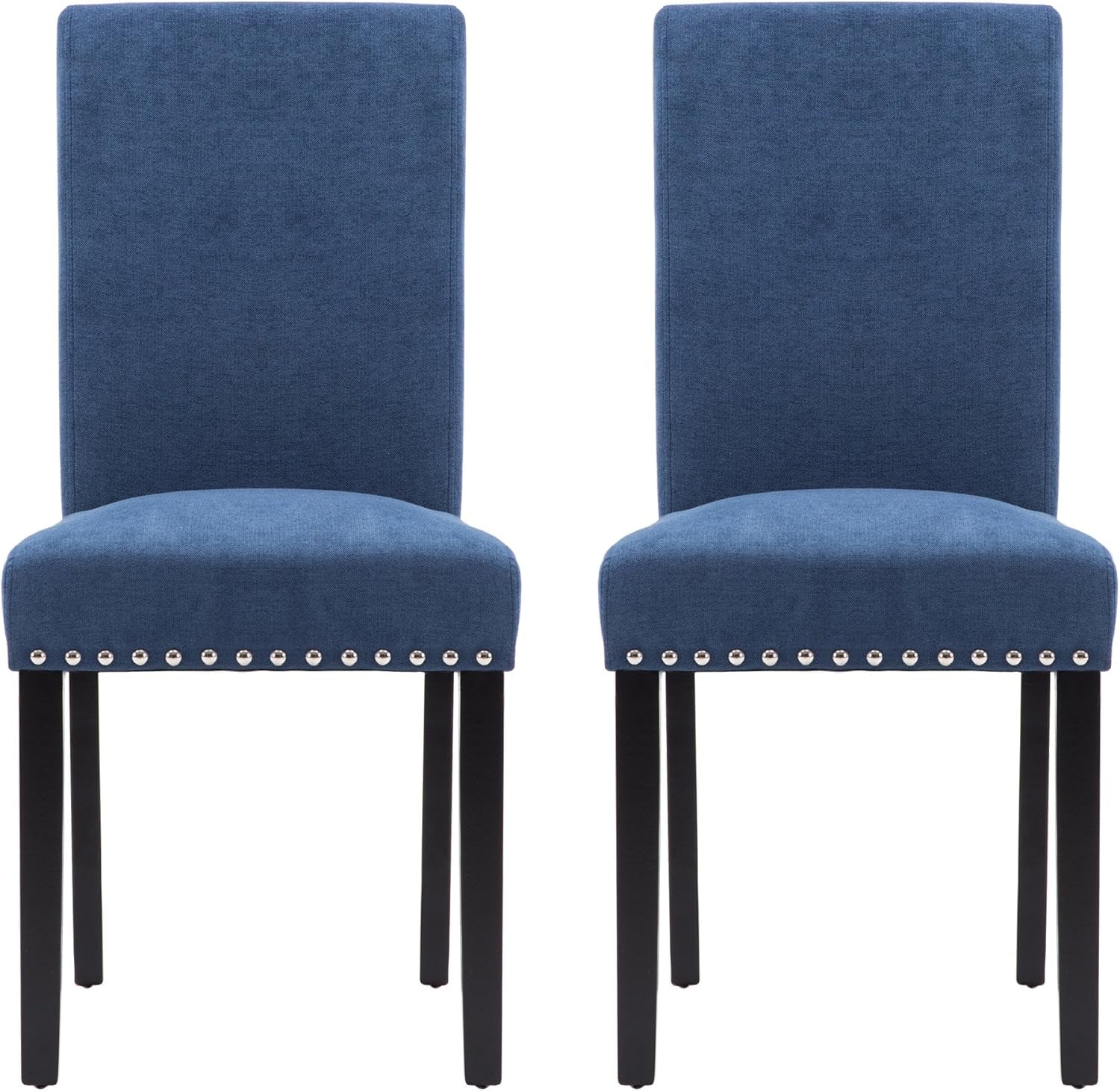 Blue Upholstered Dining Chair Pair With Copper Nailheads